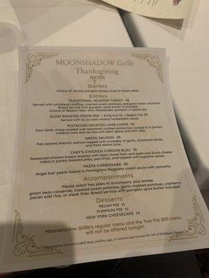 Thanksgiving day menu at moonshadow grille