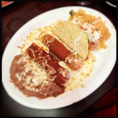 Combination platter: enchilada, burrito, taco, with rice & beans