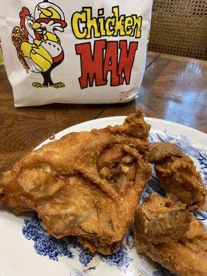 Incredible crunch with a moist breast and wing inside.