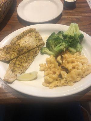 Lemon Pepper Grilled Rainbow Trout with Macaroni n' Cheese and steamed broccoli