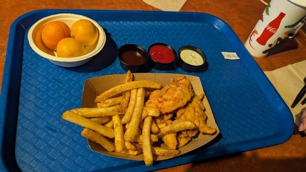 Tenders and fries with side of fruit