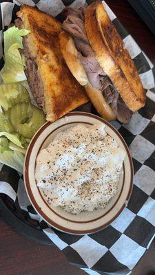 French dip on sourdough with cottage cheese