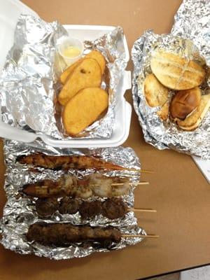 Meat from bottom: Lamb, chicken heart,lamb,Prawn,
 Top left, fried Sweet Bread w/sauce (condensed sweetened milk?)
 right: BBQ Sweet Bread.