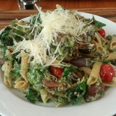 custom pasta $6, meat $2 extra. This is spicy lamb meatball, shitake mushroom, garlic, olive, shallots, spinach with basil pesto