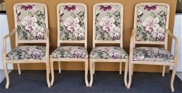 Carved Blonde Solid Wood Chintz Roses Dining Chairs - Set of 4