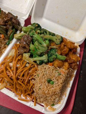 Beef broccoli and orange chicken.  Generous portions