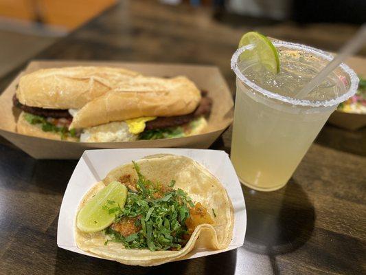 Al pastor taco, Tostadas beef, margarita