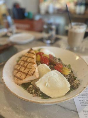 Salmon Protein Bowl -- red quinoa and farro, grilled salmon, poached egg, basil vinaigrette, mozzarella, cherry tomato, mixed greens