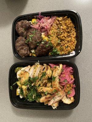 Lamb & Beef Kabob Rice Bowl (top); Chicken Rice Bowl (gluten-free) (bottom)