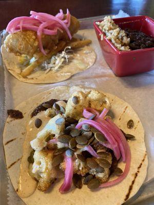 Cauliflower Power Taco and Fish and Chips Taco