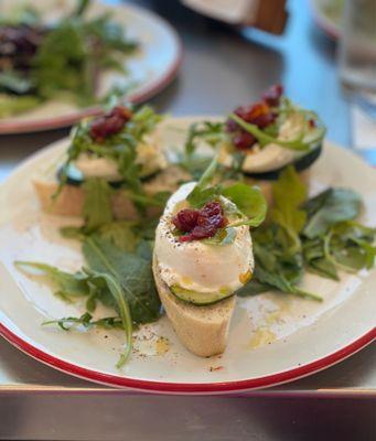 Open-Faced Caprese: Sun-dried tomatoes, arugula, & cucumbers on Burrata, pesto & sliced ciabatta - a definite re-order (not gf).