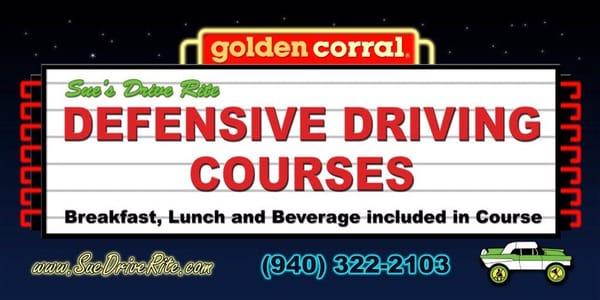 Banner for Sue's Drive Rite classes, which are inside Golden Corral party room