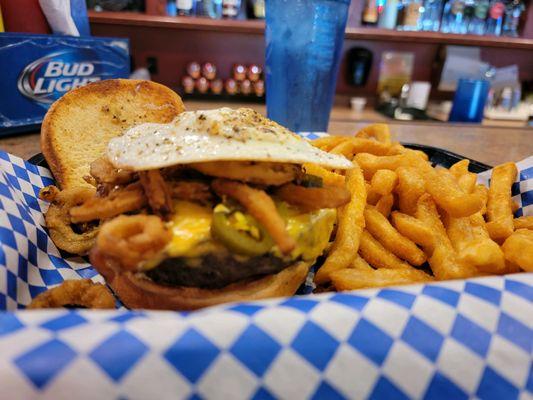 Barnyard burger with jalapenos and fries