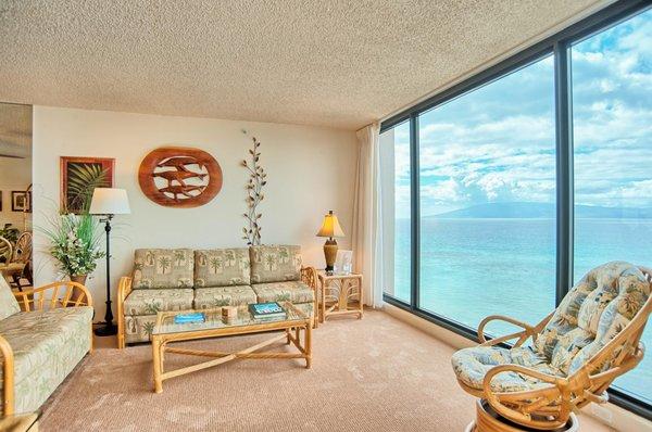 Unit 717 at The Mahana living room and your view of amazing sunsets, whales, surfers, the island of Lanai and Molokai.