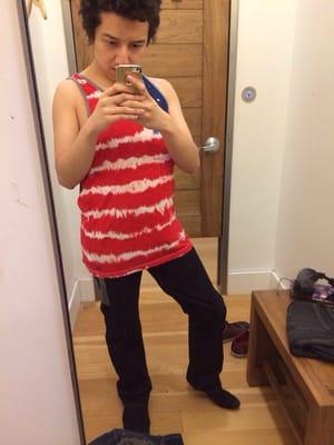 American flag tank top with original straight jeans.