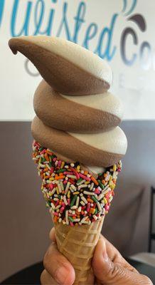 So fabulous! Swirl soft serve with waffle cone