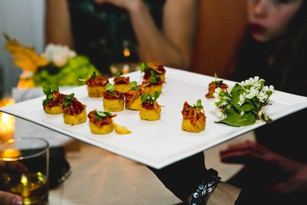 Charred corn cake with cherry barbecue-glazed chicken