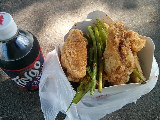 10-piece Salt & Pepper chicken wings, and Faygo Cola. The pepper they use is red pepper.