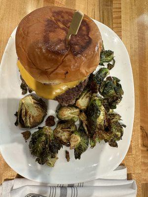 Elk burger and fried Brussels Sprouts.