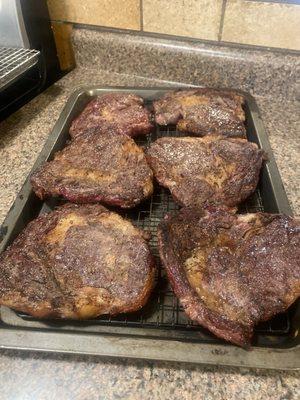 6 rib eye steaks no bone grilled on a Weber