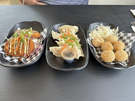 Potato croquette, pork steam dumplings, sesame balls.