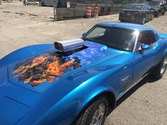 Custom paint is no problem! Corvette show car with Metal-flake paint job and custom art work.