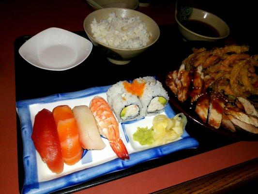 Nigiri lunch $12.99 - chicken teriyaki, 4 piece Nigari, California roll, vegetable tempura with soup and salad