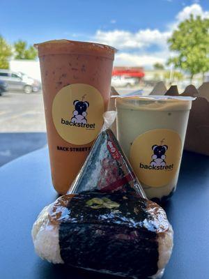 Regular (avocado) and Large (Thai Tea) Boba, Spam Musubi, Onigiri