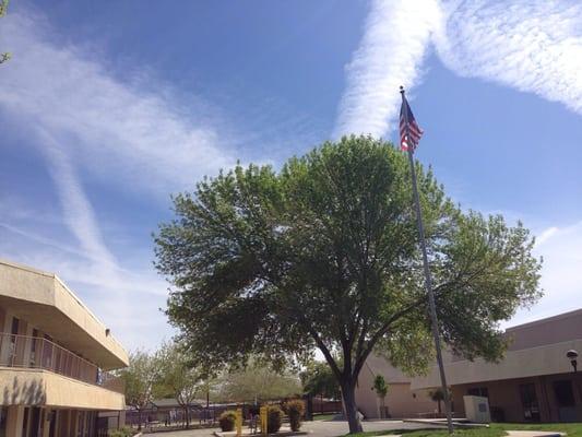 Center of church grounds, the flag pole.