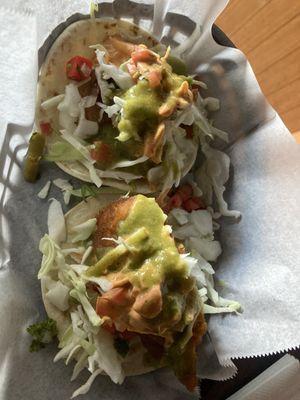 One shrimp, taco, one fish perfectly fried