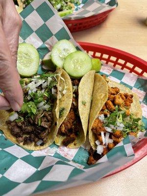 Steak, pork, chicken tacos