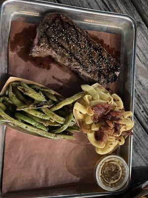 16 oz NY strip, green beans, bacon mac