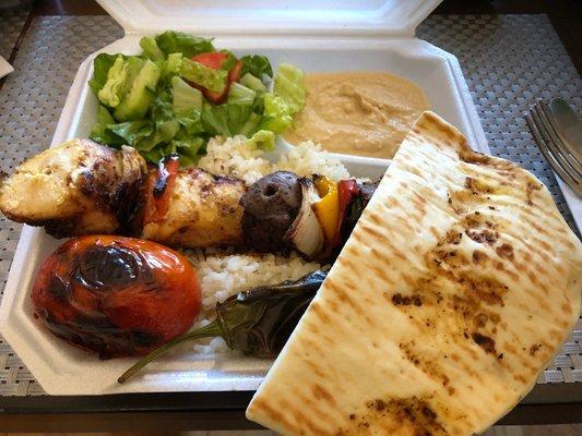 Kebab Plate w/ steamed rice, grilled tomato and chile, awesome hummus and green salad $9.99