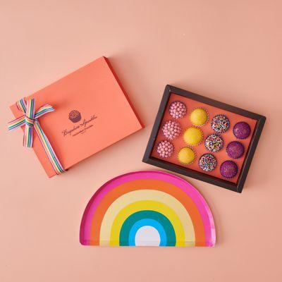 Spread Love with our Pride special box of 12 handmade Brigadeiros (Strawberry, Yuzu, Milk chocolate rainbow, Honey Lavender.