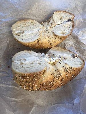 Everything bag Bagel with Walnut and Raisin Cream Cheese