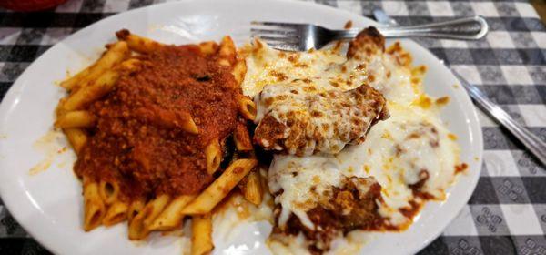 Chicken Parmigiana with ziti. It was a big portion so I had lunch the next day