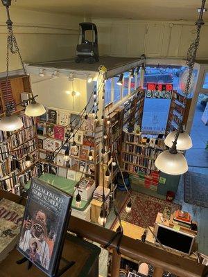 Looking down at the main floor from the children's/YA loft space