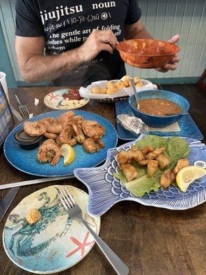 Royal Reds, grouper bites, tater tots and gazpacho.