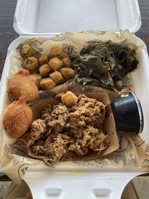 Pork platter with okra and collard greens.