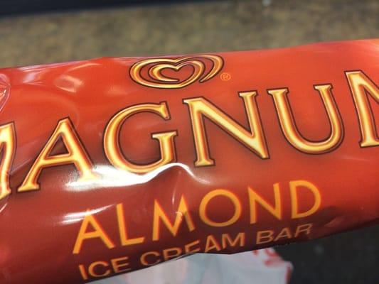 Magnum "Almond" vanilla bean ice cream dipped in Belgian Milk Chocolate with Almonds here. Rare find.