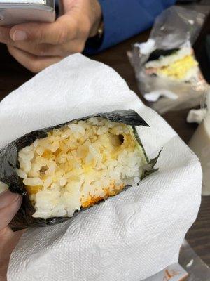 The onigiri is made fresh. Shrimp tempura. Spam and egg. Salmon Mayo.