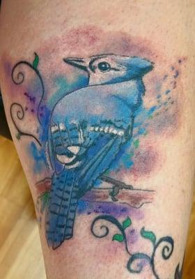 Watercolor blue jay tattoo by Shelly Dax