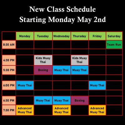 Here's our current class schedule. 1st class always free come give us a try.