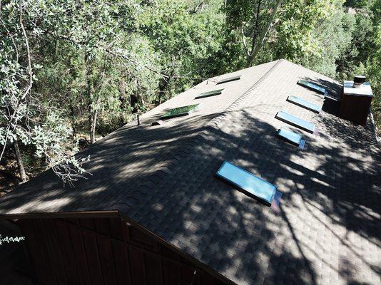 GAF Timberline HD: Barkwood with upgraded highprofile Ridglass and new Velux energy star rated skylights in Payson.