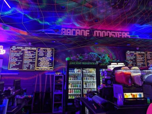 Menu and bar at Arcade Monsters.