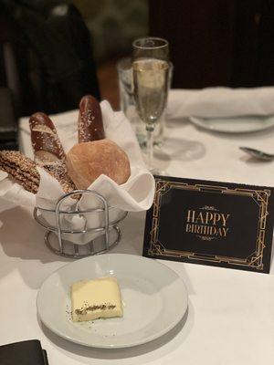 Bread service, champagne and a birthday card from the staff!