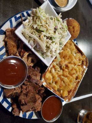 Brisket, pulled pork, Santa fe slaw, Mac and cheese