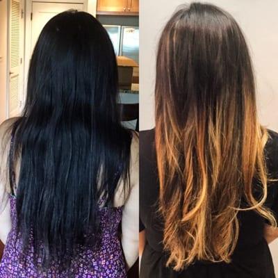 "Before" hair is on the left, "After" is the right