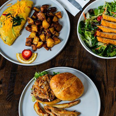 Nest Omelet, Chicken Caesar Salad, French Onion Burger