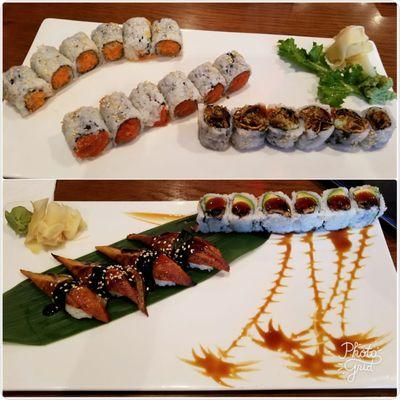 Spicy kani roll, spicy tuna roll, salmon skin roll, eel sushi and eel avocado roll